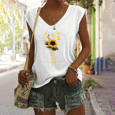 Женские футболки с V-образным вырезом, повседневные модные белые безрукавки с принтом 3D-подсолнухов, базовые топы, простые летние футболки, рубашки