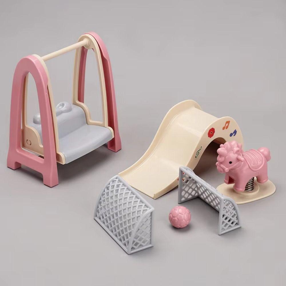 Wooden Horse Doll House Amusement Park Pretend Play Miniature Slide Swing Model Decoration