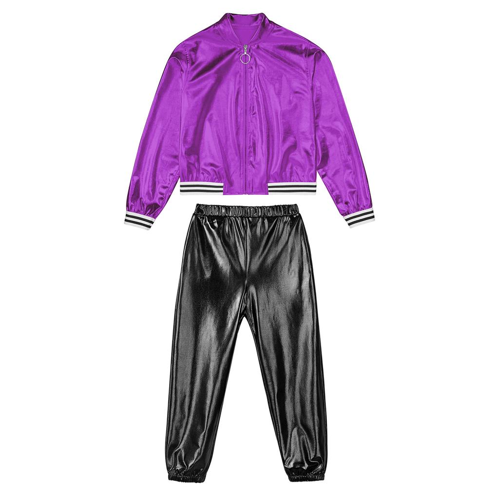 Kids Girls Metallic Long Sleeve Stand Collar Zipper Jacket with High Waist Pants for Sports Workout