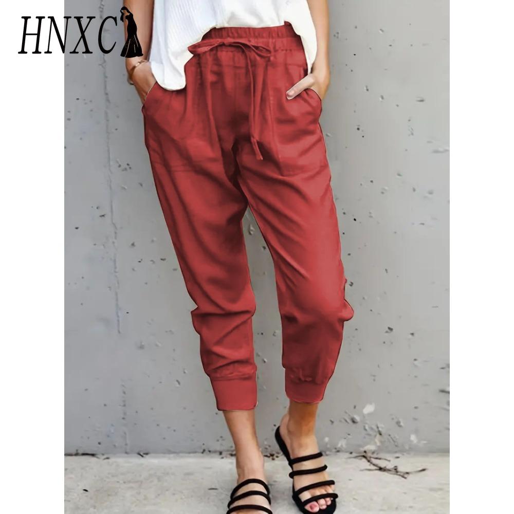 HNXC Летние женские свободные брюки большого размера однотонные простые на шнуровке прилегающие повседневные брюки-капри