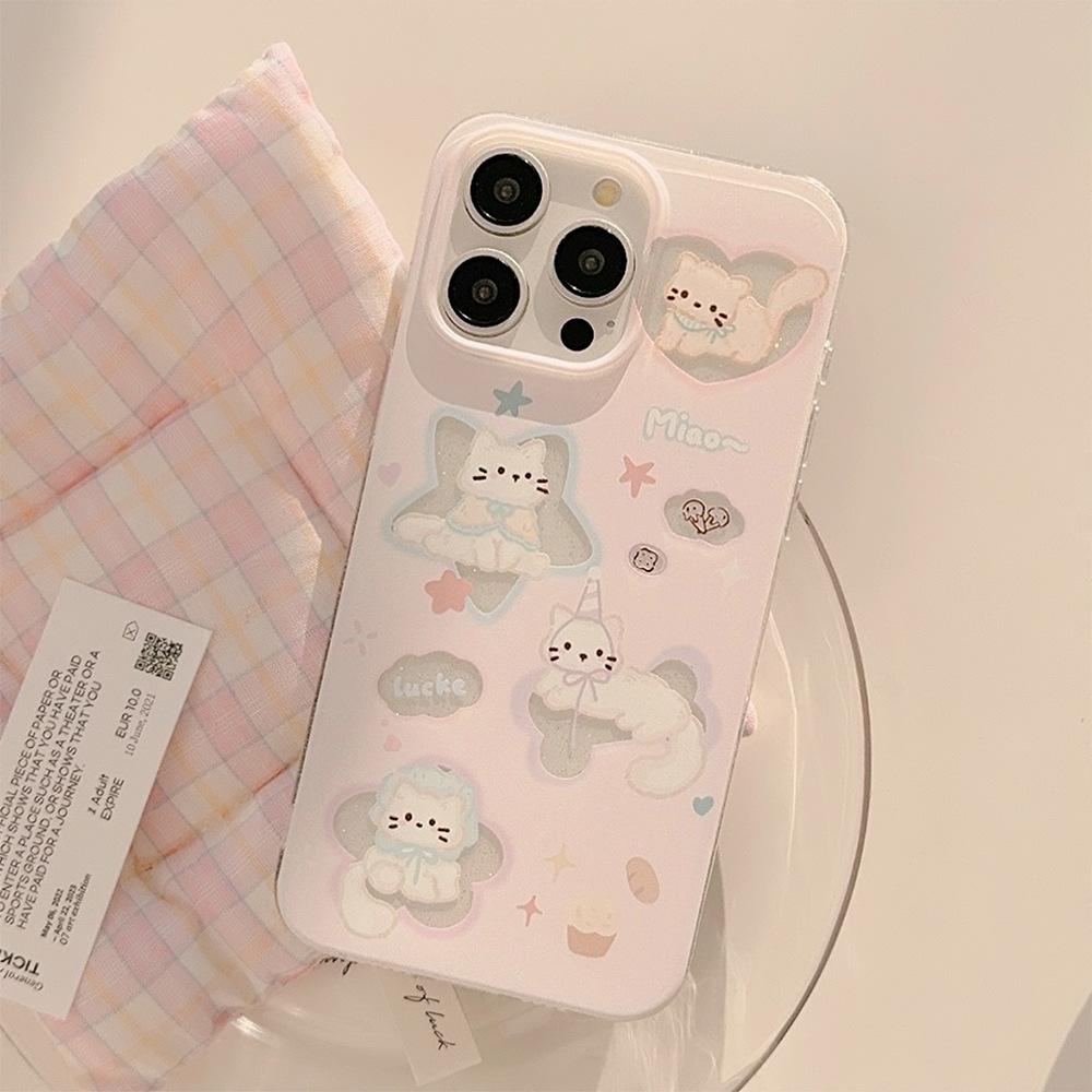 Милый Мультяшный Кот Чехол для Телефона для iPhone 17 16 15 14 13 Pro Max, Кавайный Котёнок Ударопрочный Чехол, Эстетичный Розовый Защитный Чехол для Девочек