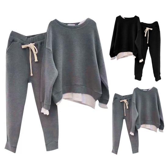 2 шт./компл., женский комплект из толстовки и брюк, комплект из двух предметов, свободный эластичный пояс с круглым вырезом, однотонный теплый шнурок