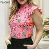 Женская повседневная блузка с цветочным принтом, круглым вырезом и без рукавов
