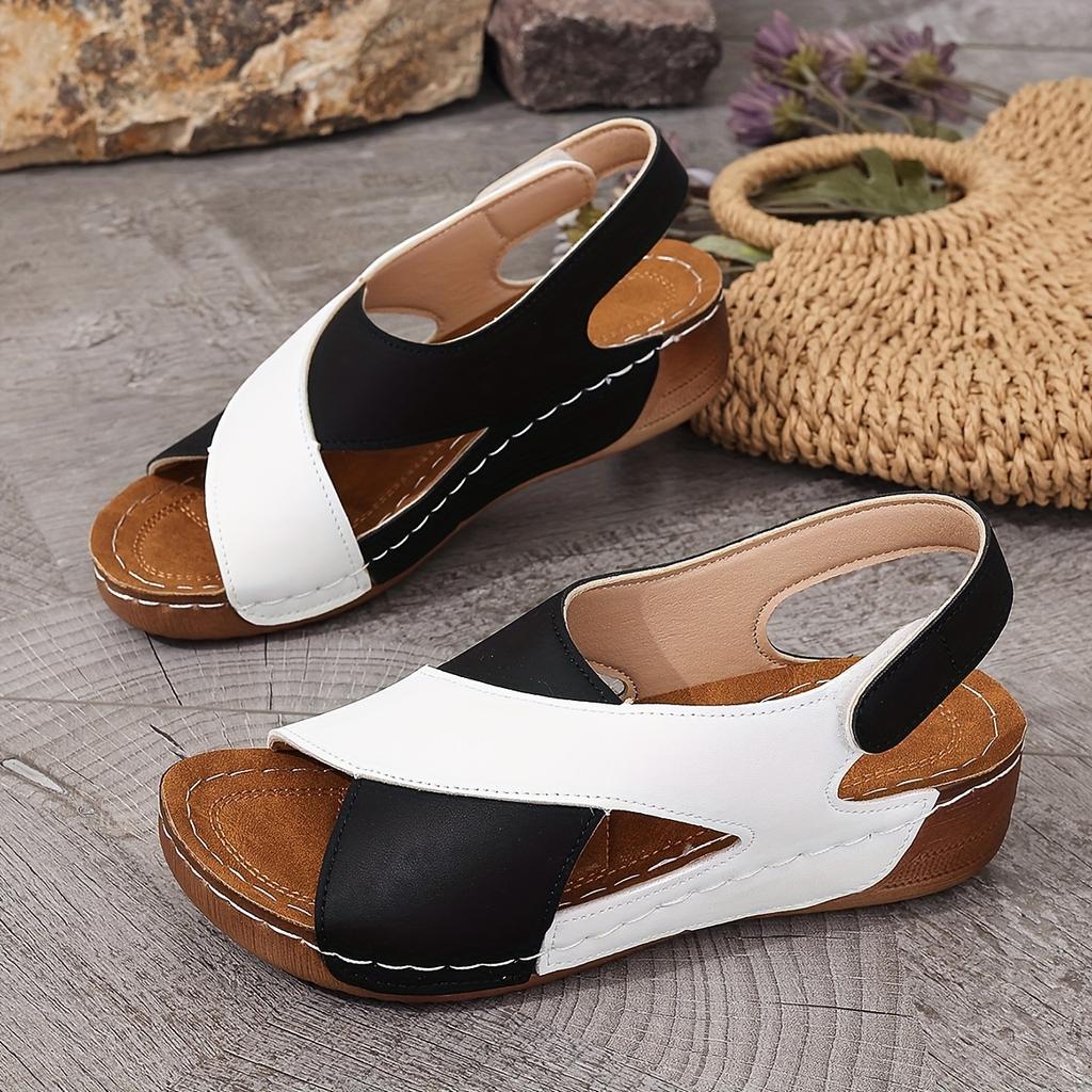 Women's Contrast Color Wedge Sandals, Peep Toe Slingback Soft Sole Shoes, Comfy Outdoor Summer Sandals