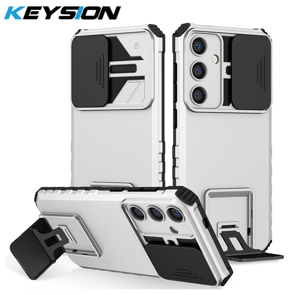 KEYSION Shockproof Case for Samsung S25 Ultra 5G S25+ Plus Slide Camera Lens Protection Live Stand Phone Cover for Galaxy S24 FE 5G