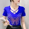 Высококачественный женский сексуальный топ с V-образным вырезом крест-накрест, блестящая футболка с бабочкой и горячими бриллиантами, летняя брендовая женская эластичная облегающая сетчатая футболка