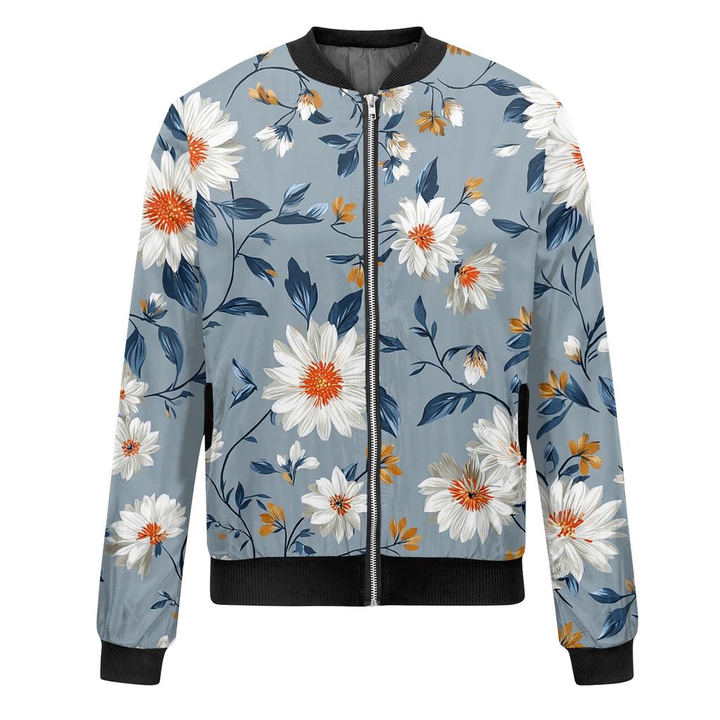 Women's Fashion Long Sleeve Floral Print Round Neck Zip Up Jacket