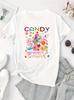 Women's Candy Crew Graphic Print T-Shirt Black Casual Short Sleeve Round Neck Tee with Colorful Geometric Candy Design