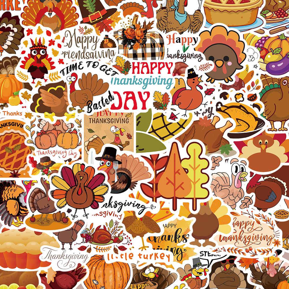 50Pcs Thanksgiving Day Sticker DIY Laptop Luggage Skateboard Funny Cartoon Pumpkin Turkey Autumn Maple Leaf Graffiti Decals