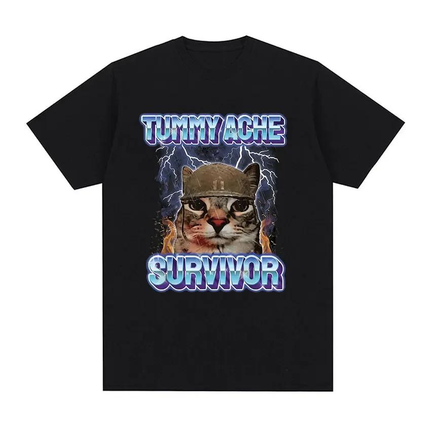 Vintage Tummy Ache Survivor Funny Cat Meme Tee Shirt Unisex Unisex Clothing Fashion Short Sleeve Tshirt Casual Pure Cotton T Shirts