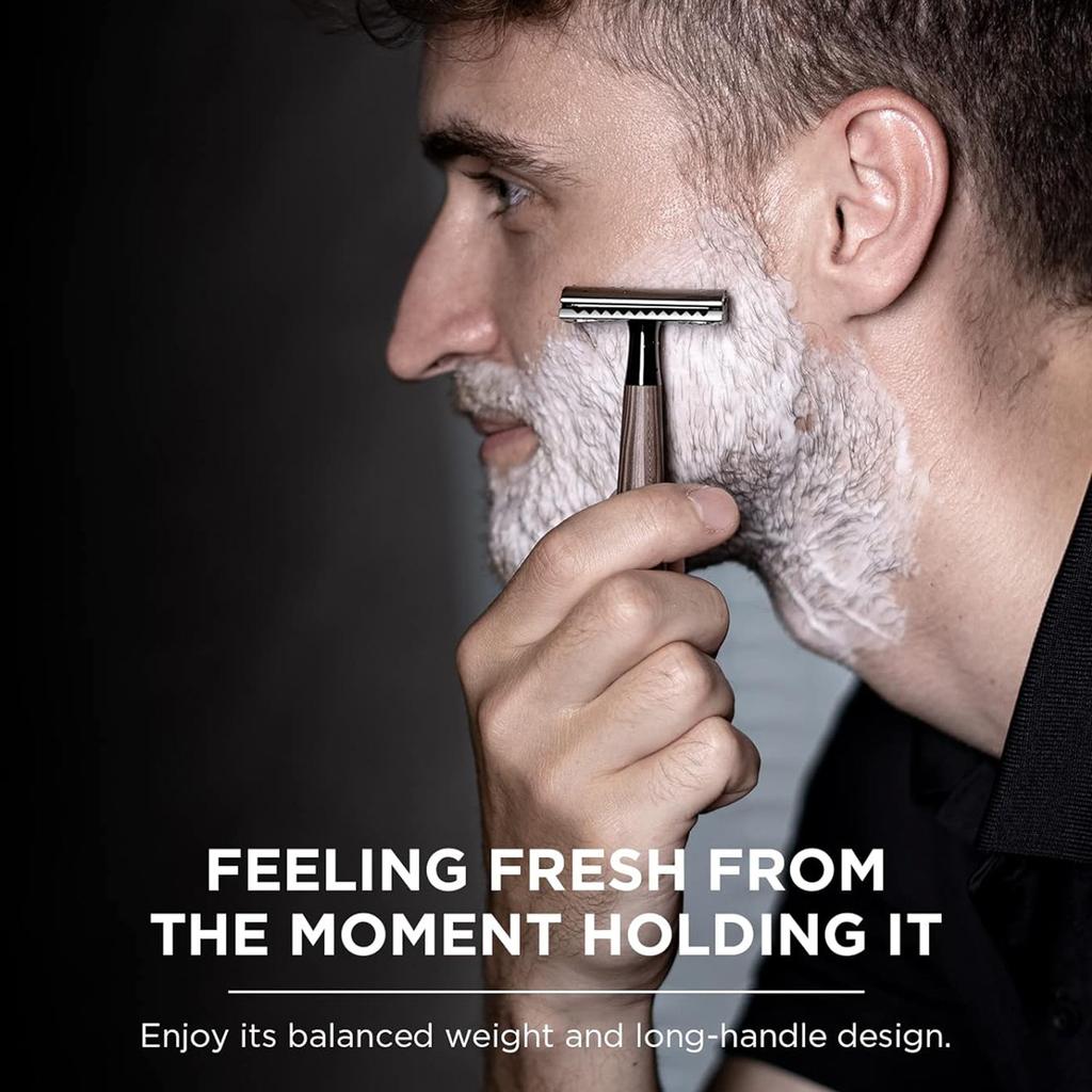 Classic Men's Safety Razor with Wood Grain Handle + 5 Blade Refills - Close Shaving for Wet Shaving Routine, Eco-Friendly Gifts for Men
