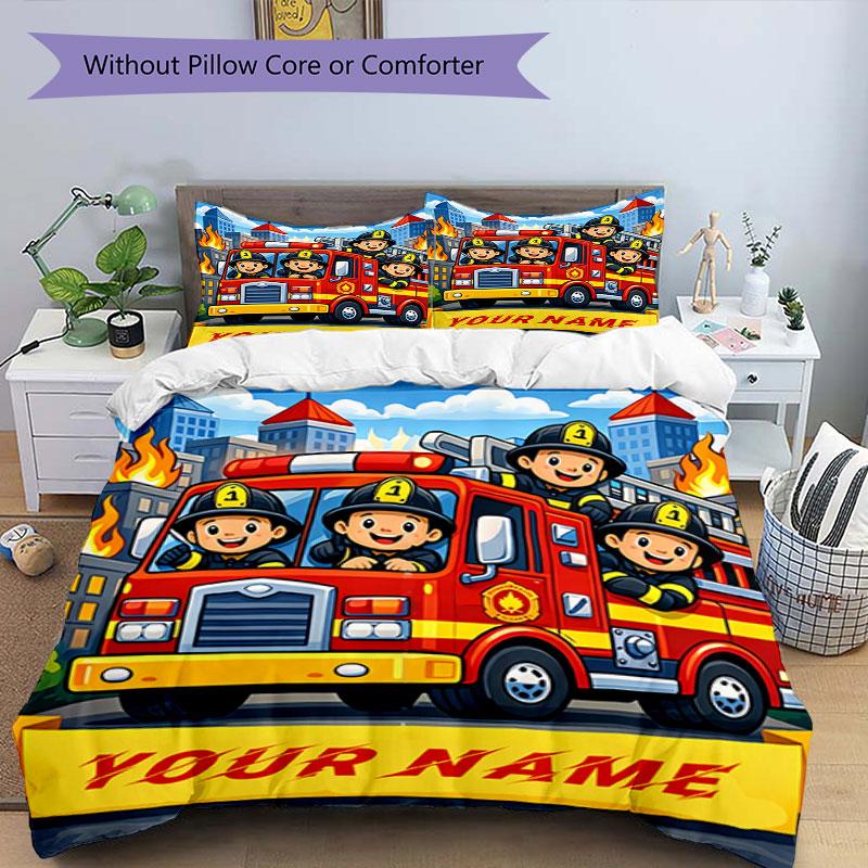3PC Custom Name Fire Truck Adventure Bedding Set Duvet Cover Closure Includes 1 Duvet Cover & 2 Pillowcases for Bedroom
