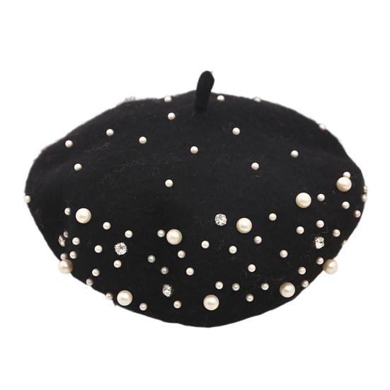 Yousheng Женский берет с искусственным жемчугом и стразами, винтажная шерстяная шляпа в английском стиле без полей, однотонная, с регулируемыми лямками, кепка-тыква