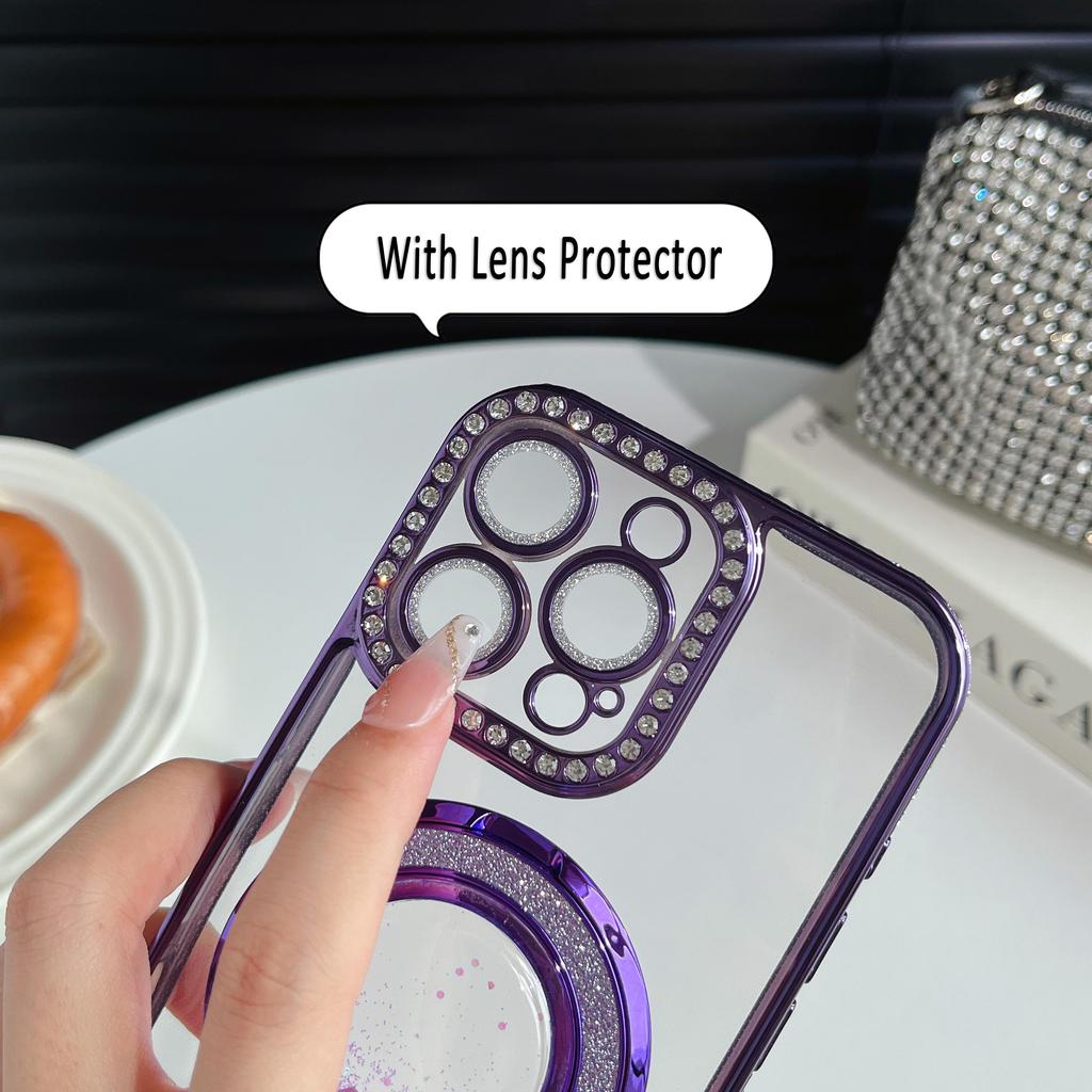 Чехол-бампер для телефона с подставкой, защищающий объектив камеры, с гальваническим покрытием, блестками и бриллиантами, для iPhone 17 16 Pro Max Samsung S25 S24, прозрачная защитная крышка