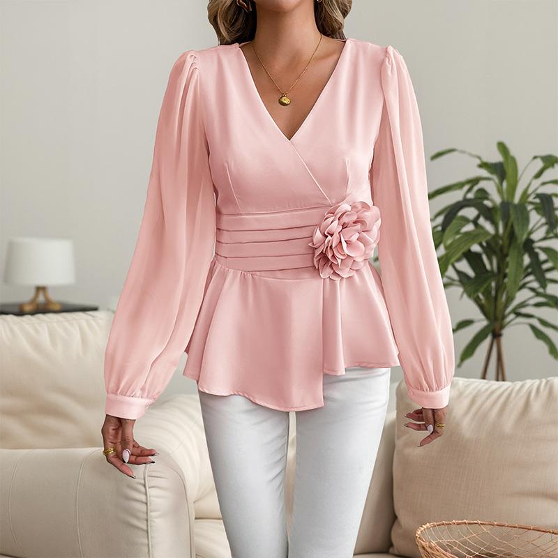 A High-end and Elegant Commuting V-neck Three-dimensional Floral Shirt Top for Women