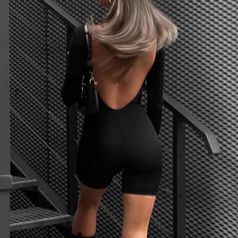 Европейский и американский осенний однотонный облегающий комбинезон с круглым вырезом и длинными рукавами, открытой спиной, для темпераментной пикантной девушки