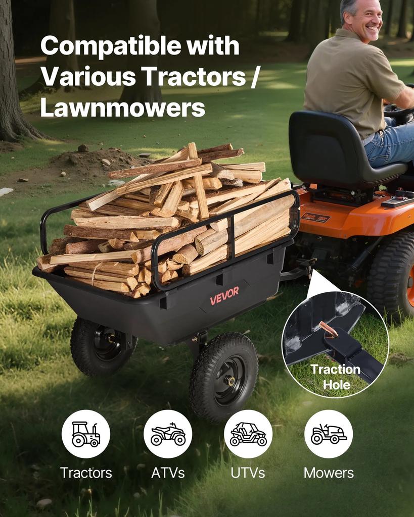 VEVOR Garden Utility Trailer, 10 Cu. Ft 227 kg, ATV UTV Hauling Trailer, Tow Behind Poly Dump Cart with 16" Tires, Hand Pull or Foot Pedal