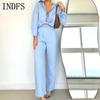 INDFS Women's Fashion Casual Spring Fall Solid Color Print Long Sleeve POLO Neck Blouses & Shirts Trousers Pants Suits