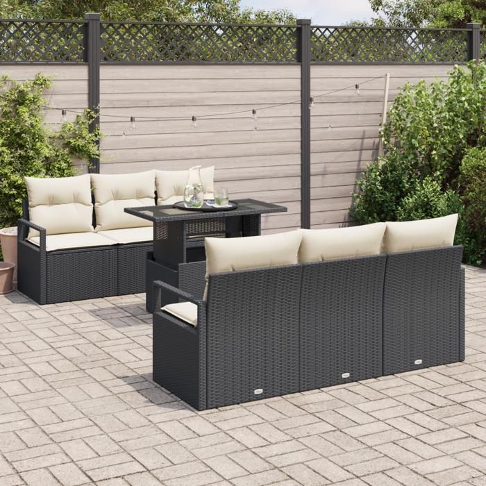Ensemble de Canapés de Jardin de 7 Pièces avec Coussins Noir Poly Rattan, Canapé de Jardin 2 Places avec Coussins Noir Poly 3348743