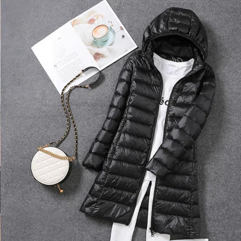 Новая легкая пуховая куртка для женщин на осень и зиму, длинная, из белой утиной ткани, корейская версия, легкая ветровка, тонкая куртка со съемной шапочкой, теплая куртка.