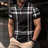 Men Summer Shirt Lapel Zipper Color Matching Plaid Striped Print Slim Fit Short Sleeve Pullover Mid Length Soft Breathable Men Business Top