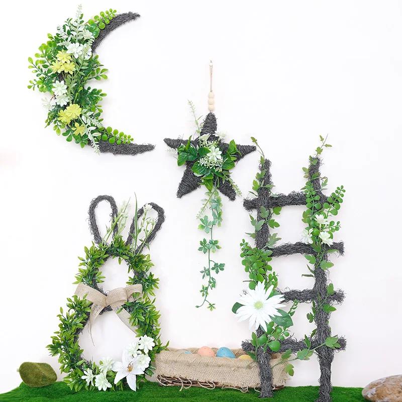 Trapezoid Artificial Plant Ornament with Rabbit Moon Pentagram Shape for Home Easter Ramadan Decoration