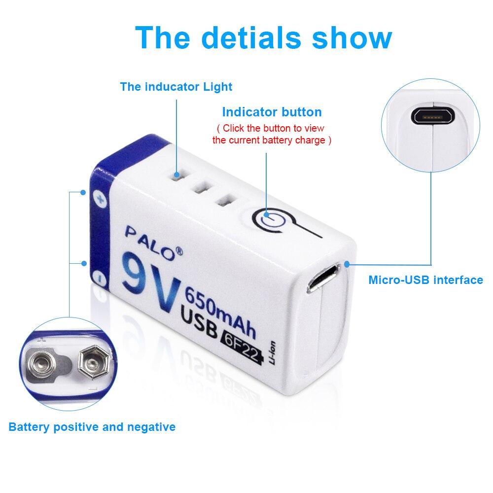 PALO 100% оригинальная 6f22 9V Usb батарея 9v перезаряжаемая батарея Li Ion 9V литий-ионные батареи для термометра микрофона батареи