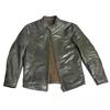Chinese Size Men Leather Jacket Genuine Cowhide Army Green Color Stand Up Collar Slim Short