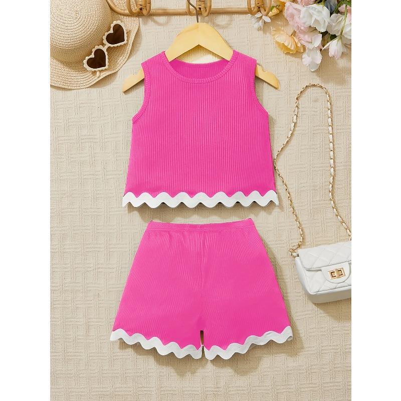 Ins Girls' Summer Outfit Set Young Girls' Vacation Style Solid Color Lace Vest Shorts Set