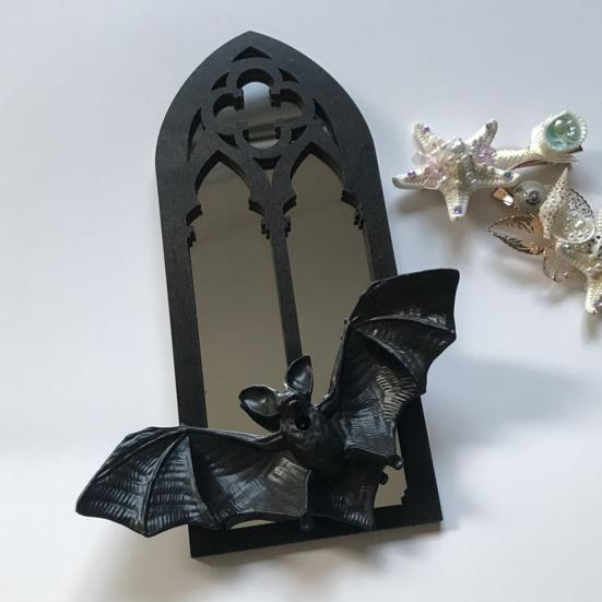Gothic Cathedral Window Mirror Vintage Baroque Wooden Black Bat Mirror