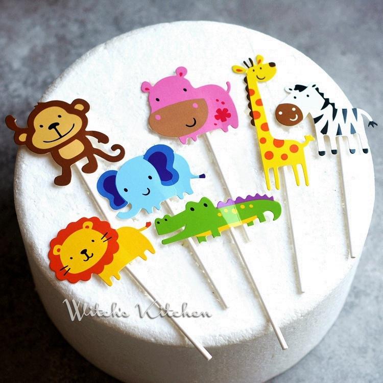 7pcs Jungle Safari Cupcake Picks Cake Toppers Cartoon Cupcake Inserts Card Kids Birthday Party AVE