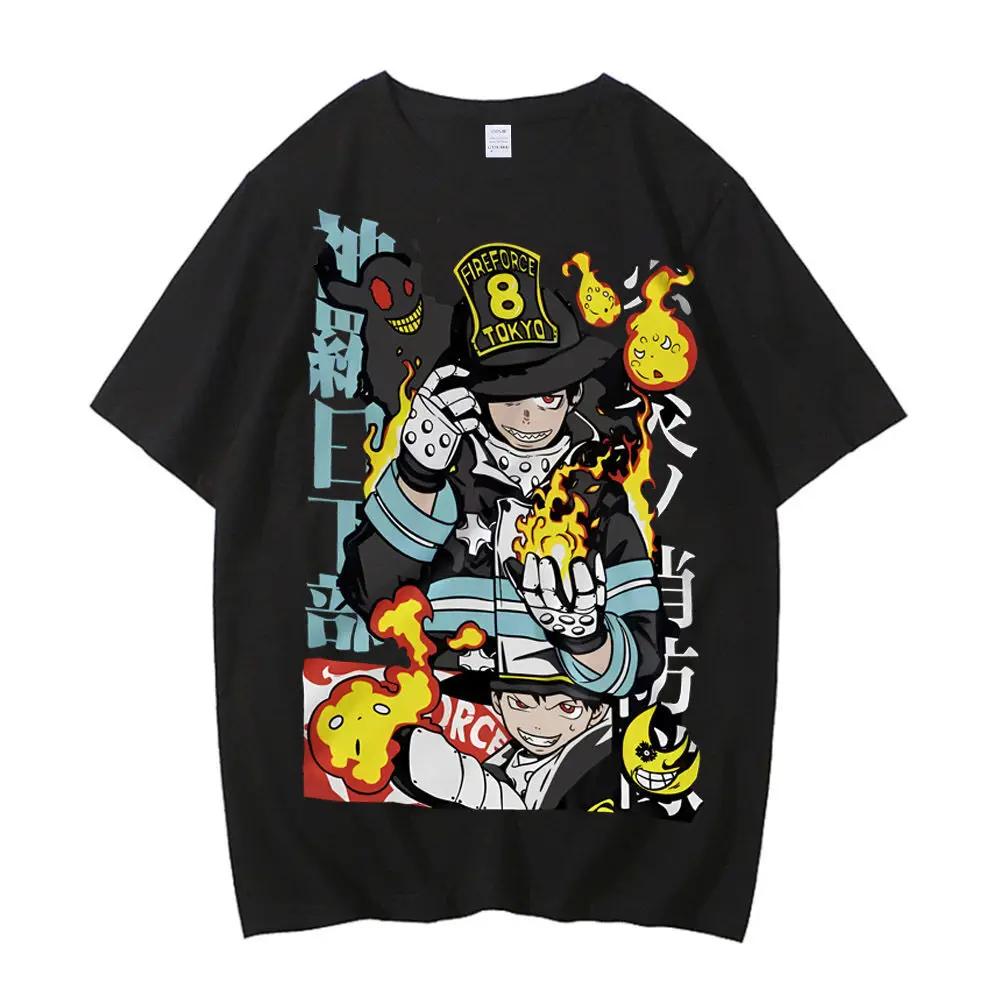 Футболка Fire Force Хлопок Мужская Кавайная Корейская Одежда Ретро Дышащая Классическая Рубашка Цветная Ретро Аниме Уличная Одежда Женская