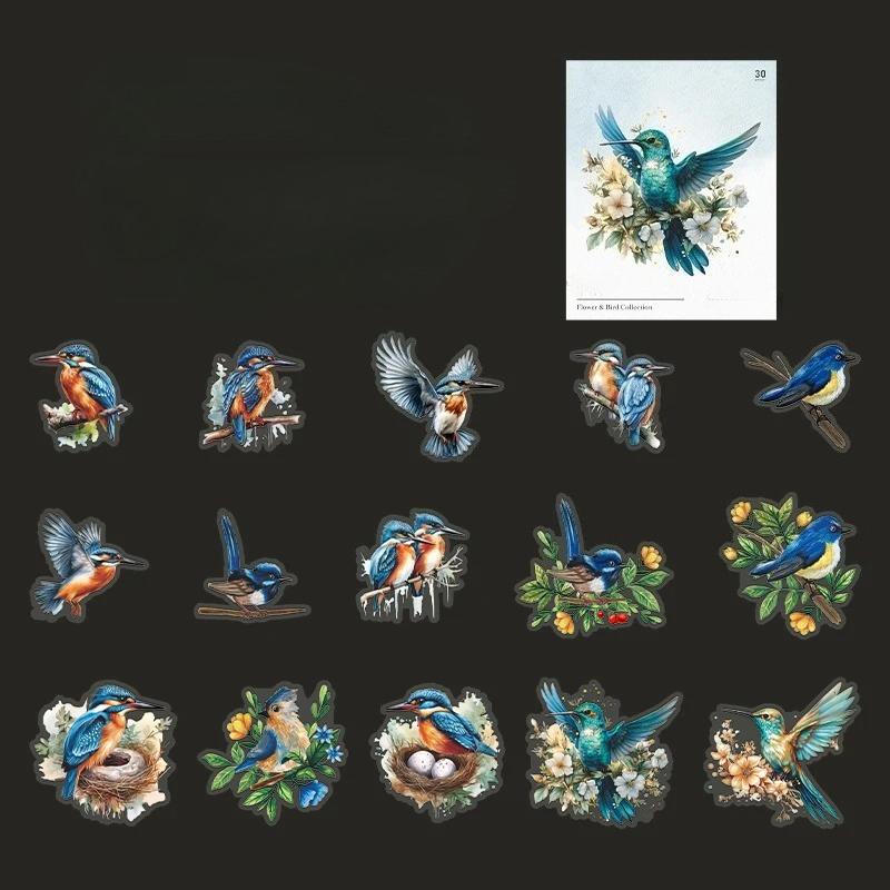 30 Pcs Watercolor Style Flower Birds Stickers Aesthetic Decorative Diary Album Stationery Stick Labels Junk Journal Supplies