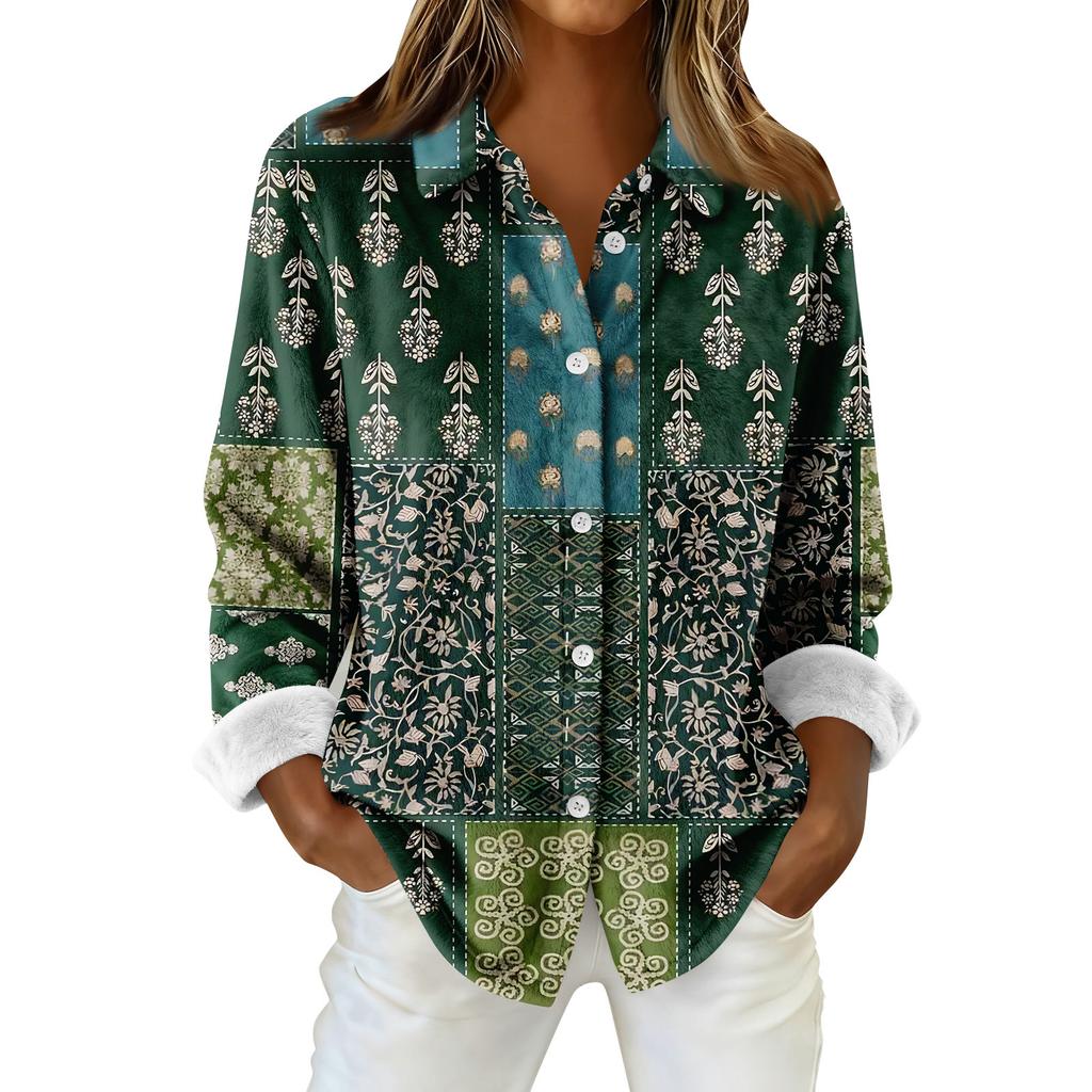 Женская рубашка-блузка с принтом и пуговицами, длинный рукав, повседневный базовый рубашечный воротник, обычный топ