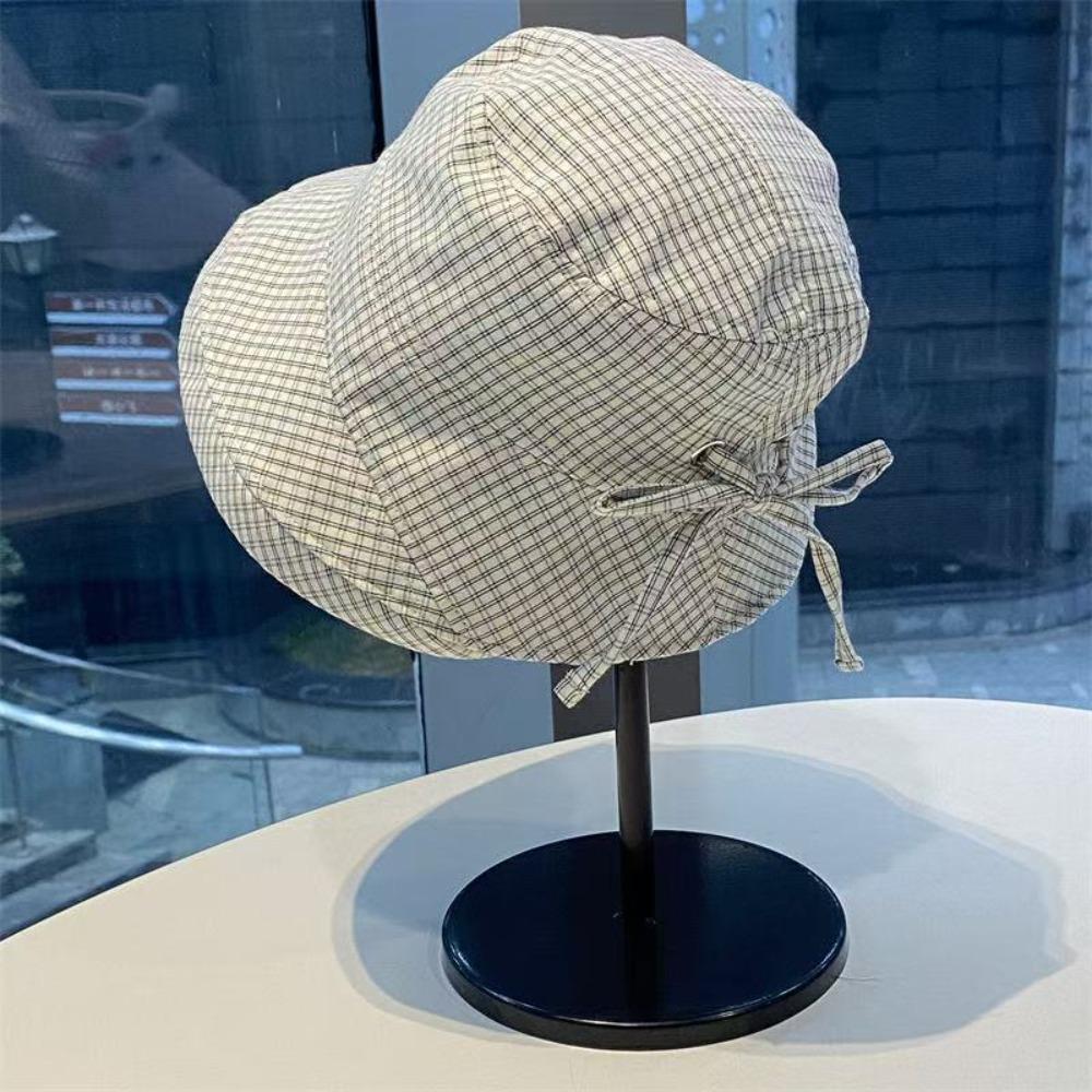 Korean Style Wide Brim Bucket Hats Summer Sunshade Basin Caps Plaid Bucket Hats Sun Protection