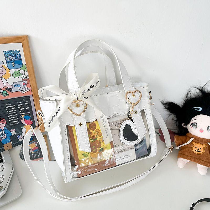 Sweet Cute Laced Bow Heart Charm Ita Bag Women Anime Crocodile Shoulder Bag Ladies Transparent Leather Large Capacity Handbag