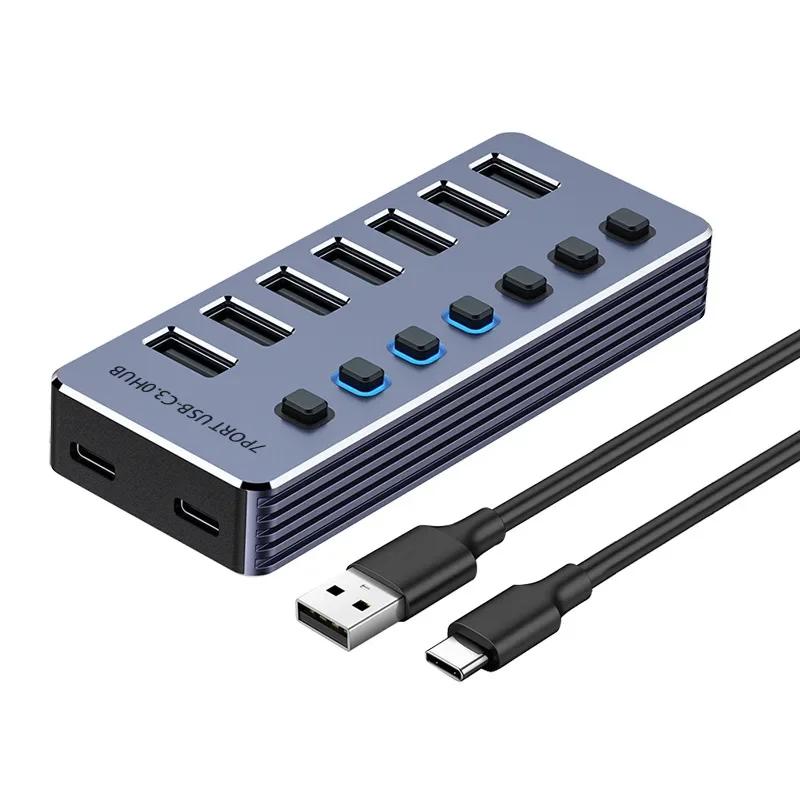 USB-концентратор на 10/7 портов, USB 3.0 5 Гбит/с, разветвитель, многопортовая док-станция с независимым переключателем, адаптер питания 12 В для ПК, ноутбука, планшетов