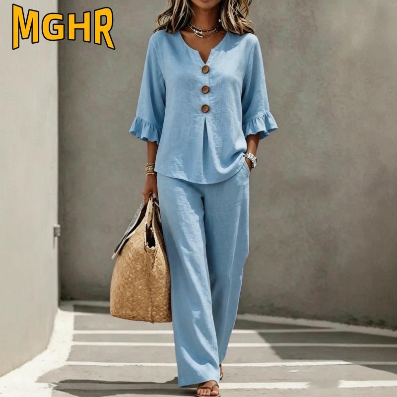 MGHR Женские модные повседневные брючные костюмы с рукавом 3/4 и V-образным вырезом
