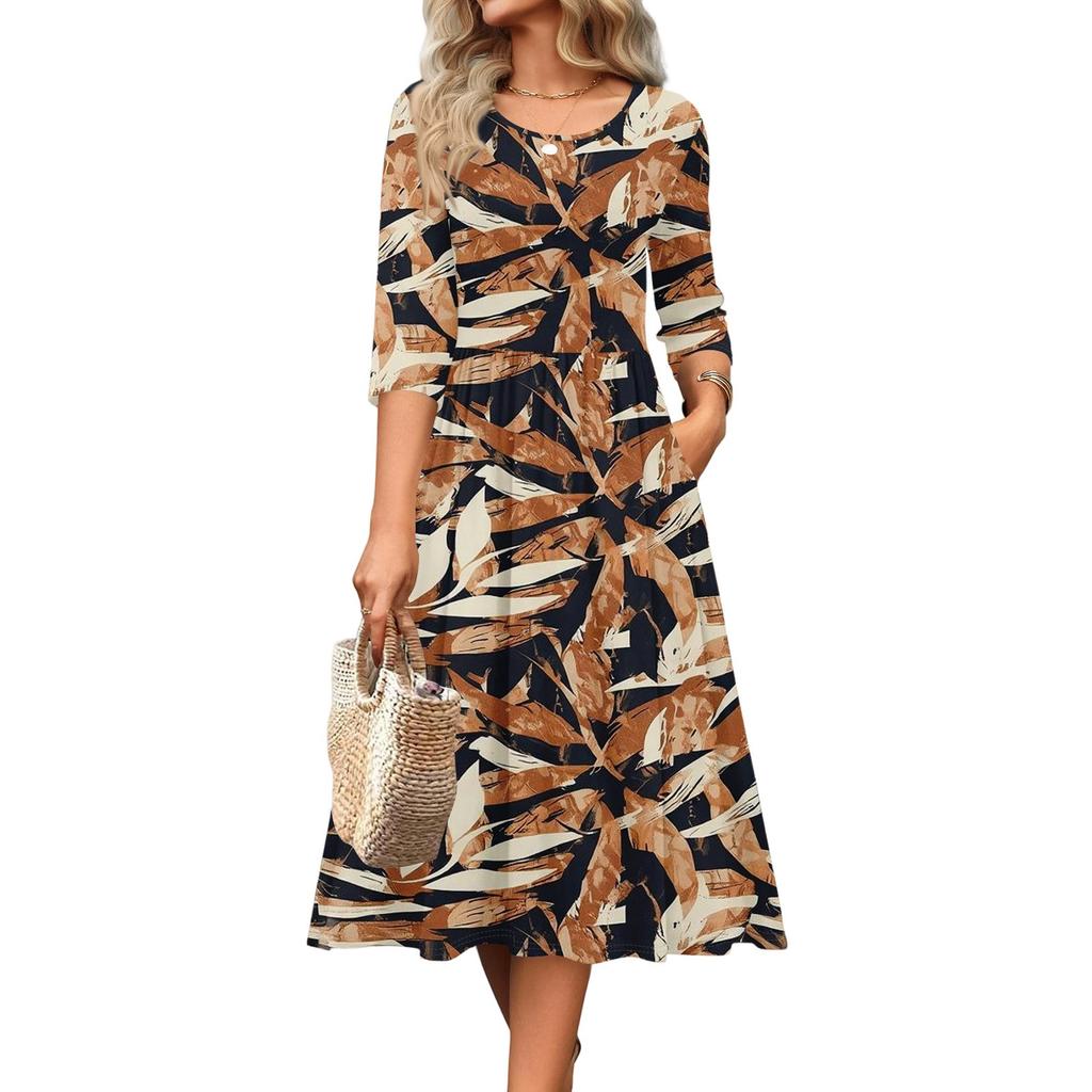 Женское платье с рукавом 3/4, повседневное, свободное, А-силуэта, миди, футболка, с карманами, с круглым вырезом, для отпуска, в стиле бохо, пляжный сарафан