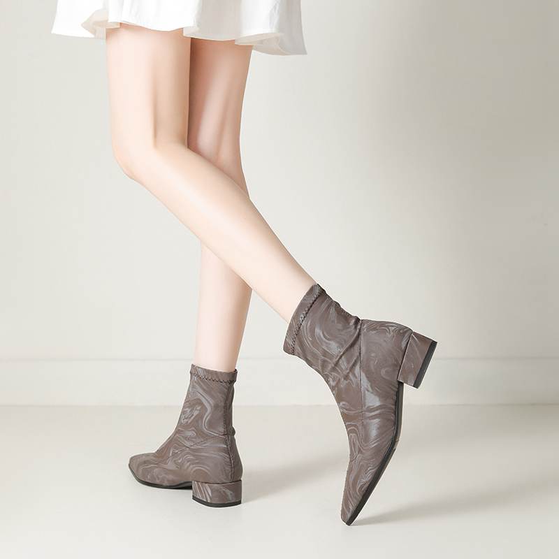 lenkisen PU Autumn Winter Shoes Thick Low Heels Printing Oriental Design Chelsea Boots Keep Warm Beauty Lady Ankle Boots