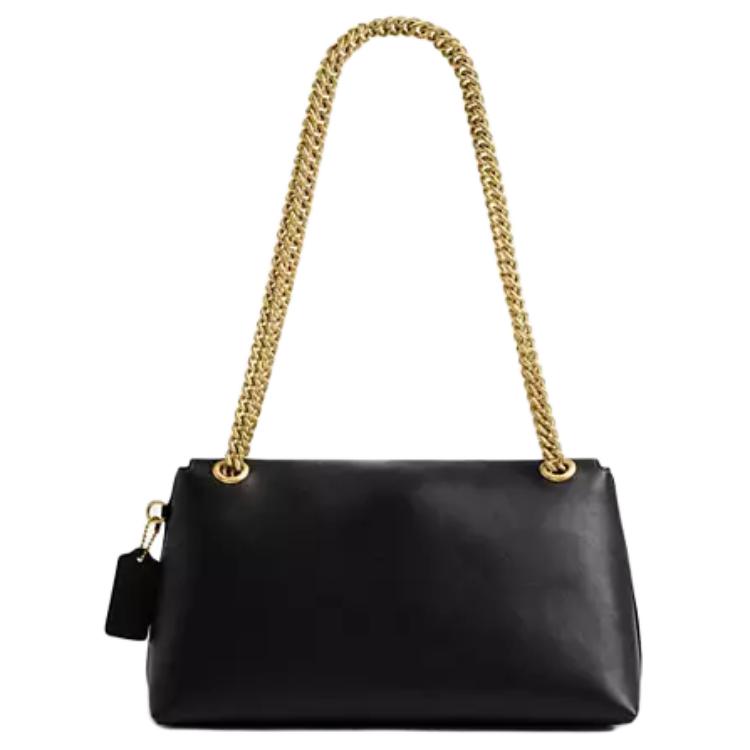 Coach Черная Гладкая Кожаная Сумка на Плечо с Клапаном, Золотой Цепью и Фурнитурой для Повседневного Использования