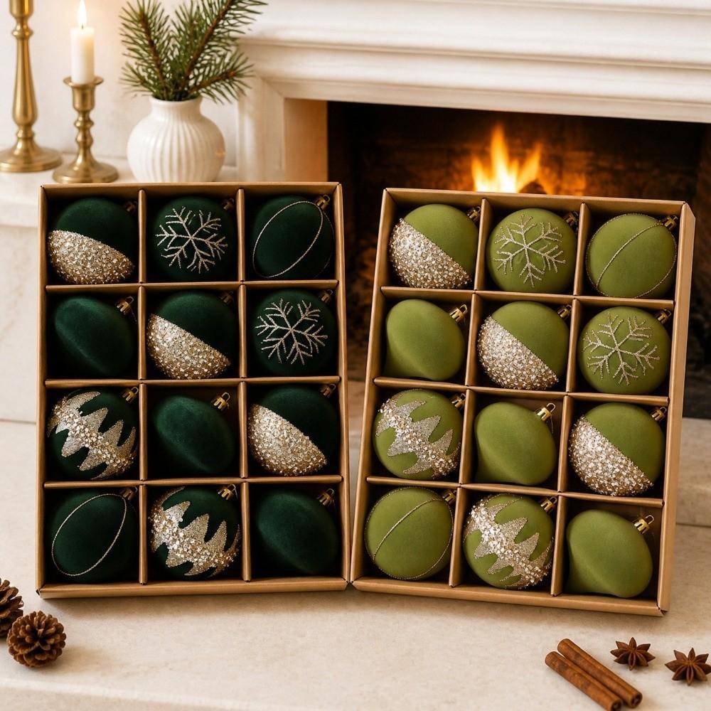 12Pcs Shatterproof Velvet Christmas Ball Set Glitter Christmas Tree Decor Balls New Year