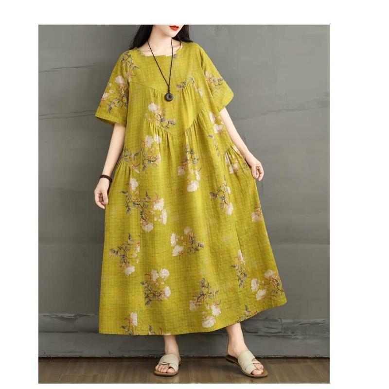 Летнее ретро платье из хлопка и льна с круглым вырезом и короткими рукавами, женская свободная юбка
