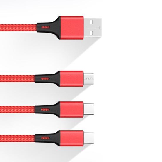 Fast Charging Cable 3-in-1 Nylon Braided Durable Tangle-Free Type-C/Micro USB/8-Pin Reliable Multi-device Data Cable
