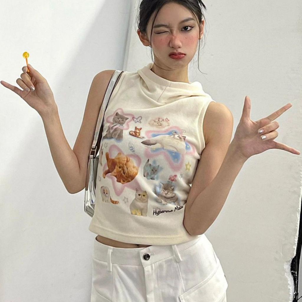 2025 Summer Women Thin Cotton Hooded Sling Tops Female Casual Slim Tank Tops Streetwear Camisole Cute Cartoon Printing Crop Tops