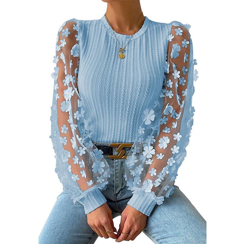 Mesh Small Flower Chiffon Shirt for Women In Spring Summer Round Neck for Slimming Pullover Long Sleeved Top
