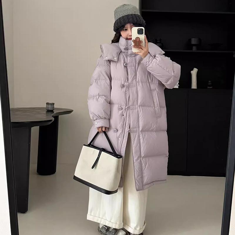 Белая гусиная пуховая длинная женская куртка 2024 года, зимняя утолщенная, с круглыми пуговицами, выше колена, куртка премиум-класса для колледжа