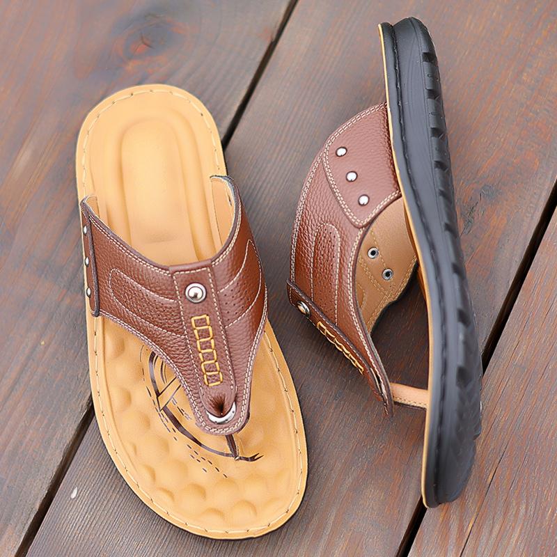 Абсолютно новые мужские шлепанцы из воловьей кожи, повседневная пляжная обувь, модные мужские удобные сандалии на мягкой подошве с нескользящей подошвой