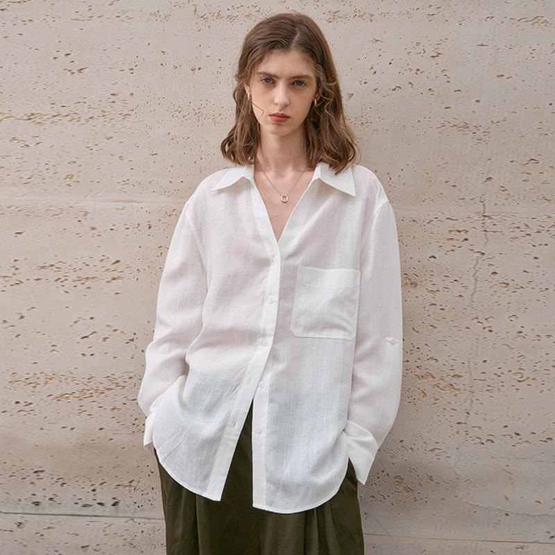 Женский легкий кардиган-рубашка с длинным рукавом из чистого льна - Минималистичный, однотонный, свободного кроя, летний стиль с лацканами