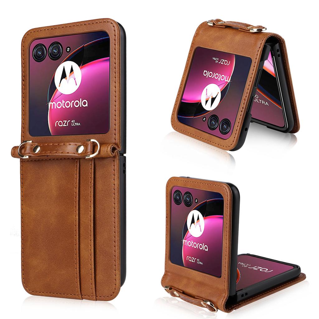 For Motorola Razr 40 Ultra 5G Hard PC+PU Leather Cover One-piece Design Card Slots Phone Case with Lanyard